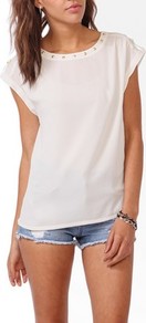 Studded Button Tab Top - neckline: round neck; sleeve style: capped; pattern: plain; style: t-shirt; predominant colour: white; occasions: casual, evening, work; length: standard; fibres: polyester/polyamide - 100%; fit: straight cut; shoulder detail: discreet epaulette; back detail: keyhole/peephole detail at back; sleeve length: short sleeve; texture group: sheer fabrics/chiffon/organza etc.; pattern type: fabric; pattern size: small & light; embellishment: studs