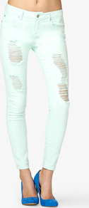 Destroyed Skinny Jeans - style: skinny leg; pattern: plain; pocket detail: traditional 5 pocket; waist: mid/regular rise; predominant colour: pistachio; occasions: casual, evening; length: ankle length; fibres: cotton - mix; texture group: denim; pattern type: fabric; pattern size: standard