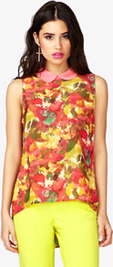 Watercolor Peter Pan Collar Top - sleeve style: sleeveless; length: below the bottom; style: blouse; occasions: casual, work, holiday; fibres: polyester/polyamide - 100%; fit: loose; neckline: no opening/shirt collar/peter pan; back detail: longer hem at back than at front; predominant colour: multicoloured; sleeve length: sleeveless; texture group: sheer fabrics/chiffon/organza etc.; trends: statement prints; pattern type: fabric; pattern size: big & busy; pattern: patterned/print
