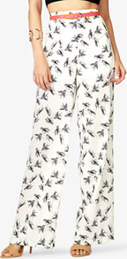 Bird Print Wide Leg Pants - length: standard; style: palazzo; waist: high rise; waist detail: belted waist/tie at waist/drawstring; predominant colour: ivory; occasions: casual, work, holiday; fibres: polyester/polyamide - 100%; hip detail: added detail/embellishment at hip; fit: wide leg; pattern type: fabric; pattern size: small & busy; pattern: patterned/print; texture group: other - light to midweight