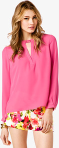 V Cutout Georgette Top - neckline: round neck; pattern: plain; style: blouse; predominant colour: pink; occasions: casual, evening, work, holiday; length: standard; fibres: polyester/polyamide - 100%; fit: loose; sleeve length: long sleeve; sleeve style: standard; texture group: crepes; pattern type: fabric; pattern size: standard