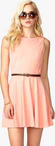 Paneled A Line Dress W/ Skinny Belt - length: mini; neckline: round neck; pattern: plain; sleeve style: sleeveless; back detail: low cut/open back; waist detail: belted waist/tie at waist/drawstring; predominant colour: coral; occasions: evening, holiday; fit: fitted at waist & bust; style: fit & flare; fibres: polyester/polyamide - 100%; hip detail: soft pleats at hip/draping at hip/flared at hip; sleeve length: sleeveless; pattern type: fabric; pattern size: standard; texture group: other - light to midweight