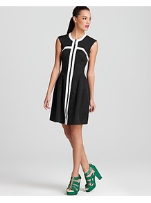 Dress Rocking Out - style: shift; pattern: plain; sleeve style: sleeveless; waist detail: fitted waist; shoulder detail: contrast pattern/fabric at shoulder; back detail: contrast pattern/fabric at back; occasions: evening, work, occasion; length: just above the knee; fit: fitted at waist & bust; fibres: cotton - 100%; neckline: crew; hip detail: sculpting darts/pleats/seams at hip; bust detail: contrast pattern/fabric/detail at bust; sleeve length: sleeveless; texture group: cotton feel fabrics; predominant colour: monochrome; trends: modern geometrics; pattern type: fabric; pattern size: big & light