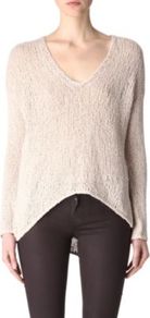 Knitted Jumper - neckline: low v-neck; pattern: plain; style: standard; predominant colour: ivory; occasions: casual; length: standard; fibres: cotton - mix; fit: loose; back detail: longer hem at back than at front; sleeve length: long sleeve; sleeve style: standard; texture group: knits/crochet; pattern type: knitted - other; pattern size: standard
