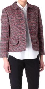 Miranda Tweed Jacket - style: boxy; pattern: herringbone/tweed; predominant colour: burgundy; occasions: casual, evening, work; length: standard; fit: straight cut (boxy); fibres: wool - mix; collar: shirt collar/peter pan/zip with opening; sleeve length: 3/4 length; sleeve style: standard; collar break: high; pattern type: fabric; pattern size: small & light; texture group: tweed - light/midweight