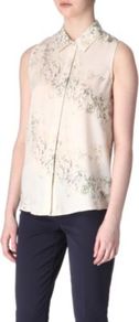 Cherry Silk Shirt - neckline: shirt collar/peter pan/zip with opening; sleeve style: sleeveless; style: shirt; bust detail: buttons at bust (in middle at breastbone)/zip detail at bust; predominant colour: ivory; occasions: casual, evening, work, holiday; length: standard; fibres: silk - 100%; fit: body skimming; sleeve length: sleeveless; texture group: silky - light; trends: high impact florals; pattern type: fabric; pattern size: small & busy; pattern: florals