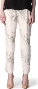 Cherry Blossom Trousers - pocket detail: pockets at the sides; waist: mid/regular rise; predominant colour: white; occasions: casual, evening, work, holiday; length: ankle length; fibres: silk - 100%; hip detail: front pleats at hip level; texture group: silky - light; trends: high impact florals; fit: straight leg; pattern type: fabric; pattern size: small & light; pattern: florals; style: standard