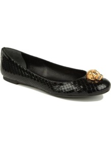 Rattle Python Print Pumps - predominant colour: black; occasions: casual, work; material: leather; heel height: flat; toe: round toe; style: ballerinas / pumps; finish: patent; pattern: animal print