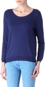 Sam Open Back Jumper - neckline: round neck; back detail: cowl/draping/scoop at back; style: standard; predominant colour: navy; occasions: casual, evening, work; length: standard; fibres: cotton - mix; fit: standard fit; sleeve length: long sleeve; sleeve style: standard; texture group: knits/crochet; pattern type: knitted - fine stitch; pattern size: standard