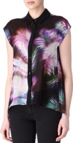 Caraibes Sheer Printed Shirt - neckline: shirt collar/peter pan/zip with opening; sleeve style: capped; style: shirt; predominant colour: black; occasions: evening, work; length: standard; fibres: polyester/polyamide - 100%; fit: body skimming; sleeve length: short sleeve; texture group: sheer fabrics/chiffon/organza etc.; trends: statement prints; pattern type: fabric; pattern size: big & busy; pattern: patterned/print