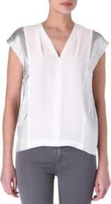 Eclair Silk Top - neckline: v-neck; sleeve style: capped; pattern: plain; shoulder detail: contrast pattern/fabric at shoulder; predominant colour: silver; occasions: casual, evening, work, holiday; length: standard; style: top; fibres: silk - 100%; fit: straight cut; sleeve length: short sleeve; texture group: sheer fabrics/chiffon/organza etc.; trends: metallics; pattern type: fabric; pattern size: standard; embellishment: sequins
