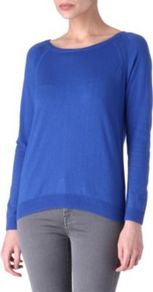 Suzie Ribbon Detail Jumper - neckline: round neck; pattern: plain; style: standard; back detail: contrast pattern/fabric at back; predominant colour: royal blue; occasions: casual, evening, work, holiday; length: standard; fibres: silk - mix; fit: standard fit; shoulder detail: added shoulder detail; sleeve length: long sleeve; sleeve style: standard; texture group: knits/crochet; pattern type: knitted - fine stitch; pattern size: standard