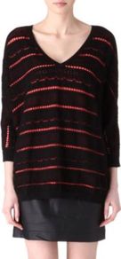 Stop Pointelle Jumper - neckline: low v-neck; sleeve style: dolman/batwing; pattern: horizontal stripes, patterned/print; length: below the bottom; style: standard; hip detail: fitted at hip; shoulder detail: contrast pattern/fabric at shoulder; back detail: contrast pattern/fabric at back, keyhole/peephole detail at back; predominant colour: black; occasions: casual, evening, work; fibres: cotton - 100%; fit: loose; bust detail: contrast pattern/fabric/detail at bust; sleeve length: 3/4 length; texture group: knits/crochet; trends: striking stripes; pattern type: knitted - other; pattern size: standard