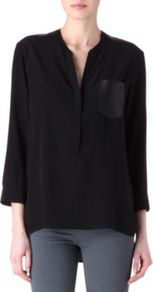 Eureka Silk Blouse - pattern: plain; bust detail: pocket detail at bust; style: blouse; predominant colour: black; occasions: casual, evening, work; length: standard; neckline: mandarin with v-neck; fibres: silk - 100%; fit: straight cut; sleeve length: 3/4 length; sleeve style: standard; texture group: sheer fabrics/chiffon/organza etc.; pattern type: fabric; pattern size: standard