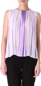Calypso Chiffon Top - pattern: plain; sleeve style: sleeveless; bust detail: ruching/gathering/draping/layers/pintuck pleats at bust; predominant colour: lilac; occasions: evening, work, occasion; length: standard; style: top; fibres: silk - 100%; fit: body skimming; neckline: crew; back detail: longer hem at back than at front; sleeve length: sleeveless; texture group: sheer fabrics/chiffon/organza etc.; pattern type: fabric; pattern size: standard