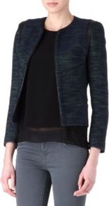 Valentin Tweed Leather Trim Jacket - style: single breasted blazer; collar: round collar/collarless; pattern: herringbone/tweed; predominant colour: black; occasions: casual, work; length: standard; fit: straight cut (boxy); fibres: cotton - mix; sleeve length: long sleeve; sleeve style: standard; collar break: high; pattern type: fabric; pattern size: standard; texture group: tweed - light/midweight