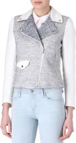 Vernis Tweed Biker Jacket - style: biker; collar: asymmetric biker; pattern: herringbone/tweed; predominant colour: mid grey; occasions: casual; length: standard; fit: tailored/fitted; fibres: cotton - mix; sleeve length: long sleeve; sleeve style: standard; collar break: medium; pattern type: fabric; pattern size: standard; texture group: woven light midweight
