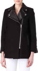 Mathilde Moto Coat - pattern: plain; length: below the bottom; collar: asymmetric biker; style: double breasted; predominant colour: black; occasions: casual; fit: straight cut (boxy); fibres: cotton - 100%; sleeve length: long sleeve; sleeve style: standard; collar break: high/illusion of break when open; pattern type: fabric; pattern size: standard; texture group: woven light midweight