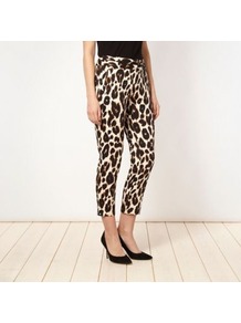 Designer Cream Animal Printed Trousers - waist: mid/regular rise; predominant colour: chocolate brown; occasions: casual, evening, holiday; length: ankle length; fibres: cotton - stretch; waist detail: narrow waistband; trends: statement prints; fit: skinny/tight leg; pattern type: fabric; pattern size: standard; pattern: animal print; texture group: jersey - stretchy/drapey; style: standard