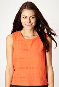 Designer Orange Heart Broderie Top - neckline: round neck; pattern: plain; sleeve style: sleeveless; predominant colour: bright orange; occasions: casual, holiday; length: standard; style: top; fibres: cotton - 100%; fit: straight cut; sleeve length: sleeveless; texture group: crepes; pattern type: fabric; pattern size: small & light; embellishment: embroidered