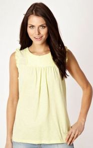 Designer Yellow Pintuck Pleated Heart Top - neckline: round neck; pattern: plain; sleeve style: sleeveless; shoulder detail: tiers/frills/ruffles; bust detail: ruching/gathering/draping/layers/pintuck pleats at bust; predominant colour: primrose yellow; occasions: casual, evening, work, holiday; length: standard; style: top; fibres: cotton - 100%; fit: body skimming; back detail: keyhole/peephole detail at back; sleeve length: sleeveless; texture group: cotton feel fabrics; pattern type: fabric; pattern size: small & light