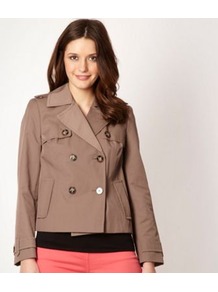 Designer Beige Cropped Mac Jacket - pattern: plain; length: standard; style: double breasted; collar: standard lapel/rever collar; predominant colour: taupe; occasions: casual, work; fit: straight cut (boxy); fibres: polyester/polyamide - 100%; sleeve length: long sleeve; sleeve style: standard; texture group: cotton feel fabrics; collar break: medium; pattern type: fabric; pattern size: standard