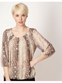 Designer Natural Snakeskin Patterned Top - sleeve style: balloon; bust detail: ruching/gathering/draping/layers/pintuck pleats at bust; predominant colour: stone; occasions: casual, evening, work; length: standard; style: top; neckline: scoop; fibres: polyester/polyamide - 100%; fit: loose; sleeve length: 3/4 length; pattern type: fabric; pattern size: standard; pattern: animal print; texture group: jersey - stretchy/drapey