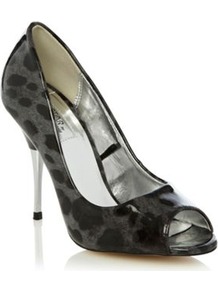 Grey Animal Printed Metal High Heeled Peep Toed Court Shoes - predominant colour: charcoal; occasions: evening, work, occasion; material: faux leather; heel height: high; heel: stiletto; toe: open toe/peeptoe; style: courts; finish: plain; pattern: animal print