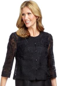 Black Cornelli Jacket - style: single breasted blazer; collar: round collar/collarless; fit: loose; predominant colour: black; occasions: evening, work, occasion; length: standard; fibres: polyester/polyamide - 100%; sleeve length: 3/4 length; sleeve style: standard; texture group: lace; collar break: medium; pattern type: fabric; pattern size: standard; pattern: patterned/print; embellishment: embroidered