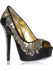 Comearound2 - predominant colour: black; occasions: evening, occasion; material: fabric; heel height: high; embellishment: sequins; heel: platform; toe: open toe/peeptoe; style: courts; trends: metallics; finish: metallic; pattern: plain