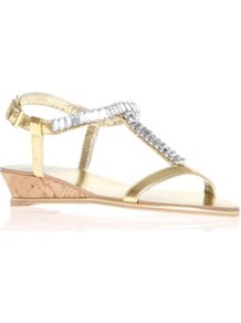 Kaya - predominant colour: gold; occasions: casual, evening, occasion, holiday; material: faux leather; heel height: flat; embellishment: crystals; ankle detail: ankle strap; heel: wedge; toe: open toe/peeptoe; style: strappy; trends: metallics; finish: metallic; pattern: plain