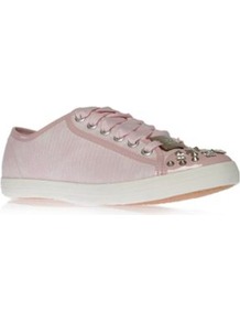 Jamie - predominant colour: blush; occasions: casual, holiday; material: faux leather; heel height: flat; embellishment: studs; toe: round toe; style: trainers; trends: sporty redux; finish: plain; pattern: animal print