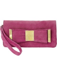Leather Metal Plate Bow Purse - predominant colour: hot pink; occasions: evening, occasion; type of pattern: standard; style: clutch; length: hand carry; size: small; material: suede; pattern: plain; finish: plain; embellishment: bow