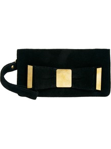 Leather Metal Plate Bow Purse - predominant colour: black; occasions: evening, occasion; type of pattern: standard; style: clutch; length: hand carry; size: small; material: suede; pattern: plain; finish: plain; embellishment: bow