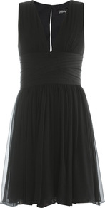 Jana Bandage Waist Dress - neckline: low v-neck; pattern: plain; sleeve style: sleeveless; waist detail: twist front waist detail/nipped in at waist on one side/soft pleats/draping/ruching/gathering waist detail; bust detail: ruching/gathering/draping/layers/pintuck pleats at bust; predominant colour: black; occasions: evening, occasion; length: just above the knee; fit: fitted at waist & bust; style: fit & flare; fibres: silk - 100%; hip detail: soft pleats at hip/draping at hip/flared at hip; back detail: keyhole/peephole detail at back; sleeve length: sleeveless; texture group: sheer fabrics/chiffon/organza etc.; trends: volume; pattern type: fabric