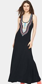 Printed Jersey Maxi Dress, Black - pattern: plain; sleeve style: sleeveless; style: maxi dress; back detail: low cut/open back; predominant colour: black; occasions: casual, evening, occasion, holiday; length: floor length; fit: body skimming; neckline: scoop; fibres: polyester/polyamide - stretch; bust detail: contrast pattern/fabric/detail at bust; sleeve length: sleeveless; pattern type: fabric; pattern size: big & busy; texture group: jersey - stretchy/drapey; embellishment: beading