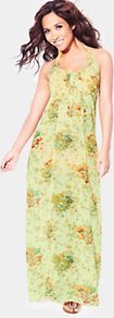 Floral Chiffon Beach Maxi Dress, Yellow - neckline: round neck; fit: empire; sleeve style: sleeveless; style: maxi dress; back detail: low cut/open back; bust detail: ruching/gathering/draping/layers/pintuck pleats at bust; predominant colour: primrose yellow; occasions: casual, evening, holiday; length: floor length; fibres: polyester/polyamide - 100%; hip detail: soft pleats at hip/draping at hip/flared at hip; sleeve length: sleeveless; texture group: sheer fabrics/chiffon/organza etc.; trends: high impact florals; pattern type: fabric; pattern size: small & busy; pattern: florals