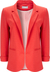 Orange Jacket - pattern: plain; style: single breasted blazer; collar: standard lapel/rever collar; predominant colour: coral; occasions: evening, work, occasion; length: standard; fit: tailored/fitted; fibres: polyester/polyamide - stretch; sleeve length: 3/4 length; sleeve style: standard; collar break: low/open; pattern type: fabric; texture group: jersey - stretchy/drapey