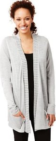 Open Front Studded Cardigan With Linen - pattern: plain; bust detail: added detail/embellishment at bust; length: below the bottom; hip detail: front pockets at hip; neckline: collarless open; style: open front; predominant colour: light grey; occasions: casual, work; fibres: acrylic - mix; fit: loose; sleeve length: long sleeve; sleeve style: standard; texture group: knits/crochet; pattern type: knitted - fine stitch; pattern size: small & light; embellishment: studs