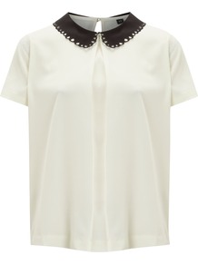 Women's Solid Collar Blouse, Cream - pattern: plain; style: blouse; bust detail: ruching/gathering/draping/layers/pintuck pleats at bust; predominant colour: ivory; occasions: casual, evening, work; length: standard; fibres: polyester/polyamide - 100%; fit: tailored/fitted; neckline: no opening/shirt collar/peter pan; back detail: keyhole/peephole detail at back; sleeve length: short sleeve; sleeve style: standard; texture group: sheer fabrics/chiffon/organza etc.; pattern type: fabric; pattern size: standard