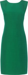Women's Matilda Dress, Emerald - style: shift; pattern: plain; sleeve style: sleeveless; waist detail: fitted waist; back detail: low cut/open back; predominant colour: emerald green; occasions: evening, work, occasion; length: just above the knee; fit: body skimming; fibres: polyester/polyamide - 100%; neckline: crew; shoulder detail: structured/bulky pleats/bulky detail at shoulder; sleeve length: sleeveless; texture group: crepes; trends: glamorous day shifts; pattern type: fabric; pattern size: standard