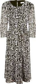 Women's Modern Block Print Dress, Multi Coloured - style: a-line; length: below the knee; neckline: round neck; waist detail: belted waist/tie at waist/drawstring; predominant colour: black; occasions: casual, evening, occasion; fit: soft a-line; fibres: polyester/polyamide - 100%; hip detail: soft pleats at hip/draping at hip/flared at hip; sleeve length: 3/4 length; sleeve style: standard; trends: statement prints; pattern type: fabric; pattern size: small & busy; pattern: patterned/print; texture group: jersey - stretchy/drapey