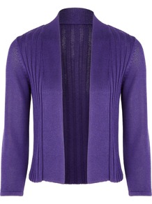 Women's Blackberry Ribbed Cardigan, Purple - pattern: plain; neckline: collarless open; shoulder detail: contrast pattern/fabric at shoulder; style: open front; predominant colour: purple; occasions: casual, evening, work, holiday; length: standard; fibres: polyester/polyamide - stretch; fit: standard fit; bust detail: contrast pattern/fabric/detail at bust; sleeve length: 3/4 length; sleeve style: standard; pattern type: knitted - fine stitch; texture group: jersey - stretchy/drapey