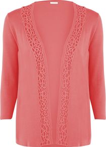 Women's Coral Lace Trim Cardigan, Orange - pattern: plain; neckline: collarless open; style: open front; predominant colour: coral; occasions: casual; length: standard; fibres: viscose/rayon - stretch; fit: standard fit; sleeve length: 3/4 length; sleeve style: standard; texture group: lace; pattern type: fabric; pattern size: small & busy
