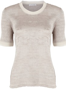 Women's Champagne Crinkle Top, Cream - pattern: plain; predominant colour: champagne; occasions: casual, evening, work; length: standard; style: top; fibres: polyester/polyamide - 100%; fit: body skimming; neckline: crew; sleeve length: short sleeve; sleeve style: standard; texture group: jersey - clingy; pattern type: fabric; pattern size: standard