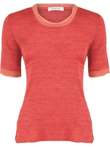 Women's Coral Crinkle Top, Orange - neckline: round neck; pattern: plain; predominant colour: coral; occasions: casual, work; length: standard; style: top; fibres: polyester/polyamide - 100%; fit: body skimming; sleeve length: short sleeve; sleeve style: standard; pattern type: fabric; texture group: jersey - stretchy/drapey