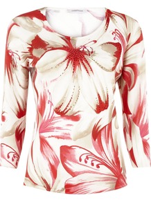 Women's Lily Wash Embellished Jumper, Orange - neckline: round neck; style: standard; predominant colour: true red; occasions: casual, work, holiday; length: standard; fibres: nylon - mix; fit: slim fit; waist detail: fitted waist; sleeve length: 3/4 length; sleeve style: standard; texture group: knits/crochet; trends: high impact florals; pattern type: fabric; pattern size: big & busy; pattern: florals