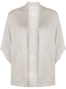 Women's Champagne Sequin Cardigan, Cream - sleeve style: dolman/batwing; neckline: collarless open; style: open front; predominant colour: champagne; occasions: casual, evening; length: standard; fibres: polyester/polyamide - 100%; fit: slim fit; sleeve length: 3/4 length; texture group: knits/crochet; trends: metallics; pattern type: knitted - fine stitch; embellishment: sequins