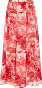 Women's Rose Wash Panelled Skirt, Coral - length: calf length; fit: loose/voluminous; waist: mid/regular rise; predominant colour: coral; occasions: evening, work, occasion; style: maxi skirt; fibres: polyester/polyamide - 100%; hip detail: sculpting darts/pleats/seams at hip; texture group: sheer fabrics/chiffon/organza etc.; trends: high impact florals; pattern type: fabric; pattern size: big & busy; pattern: florals