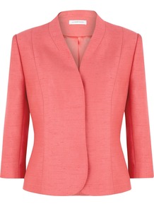 Women's Coral Jacket, Coral - pattern: plain; style: single breasted blazer; collar: shawl/waterfall; predominant colour: coral; occasions: evening, work, occasion; length: standard; fit: tailored/fitted; fibres: polyester/polyamide - 100%; waist detail: fitted waist; sleeve length: 3/4 length; sleeve style: standard; collar break: high; pattern type: fabric; pattern size: standard; texture group: woven light midweight